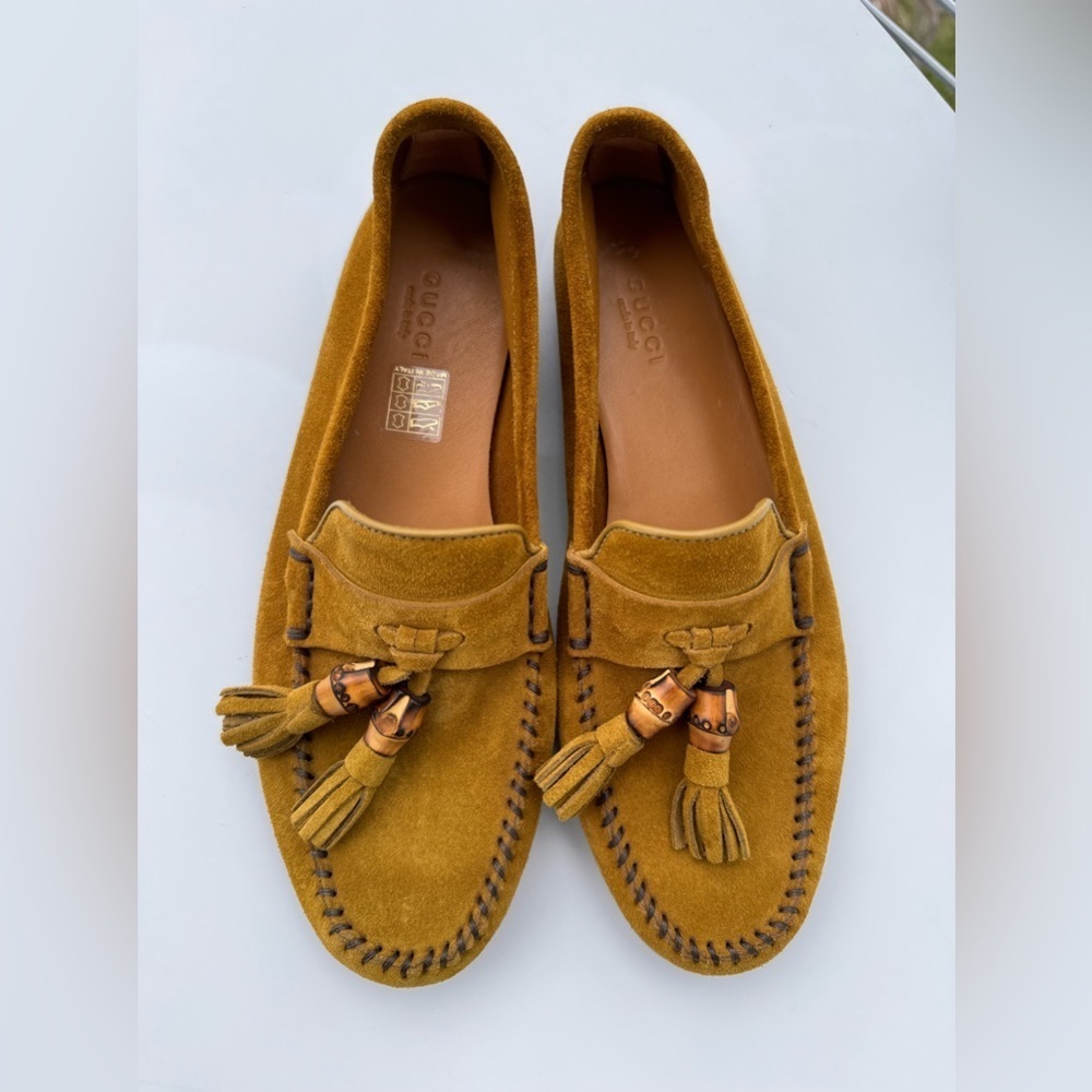 Authentic Gucci Mustard Suede Bamboo Tassel Loafers Flats Size 37.5 US 7.5 - Picture 2 of 8